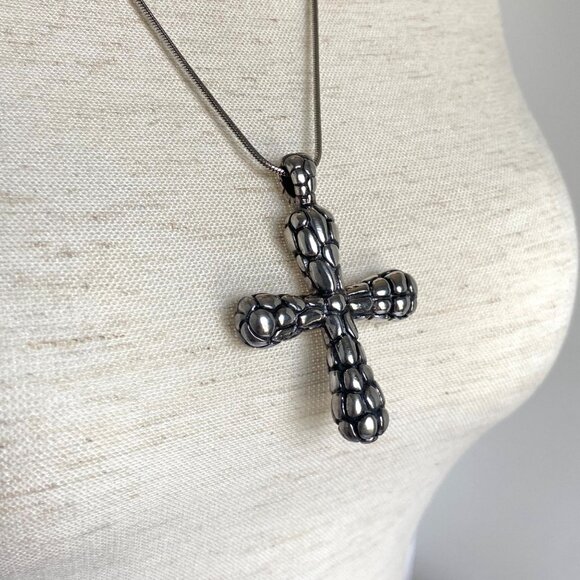 Sterling Silver 925 RB Chunky Pebbled Dot Pattern Cross Pendant Necklace 24" - Picture 12 of 16